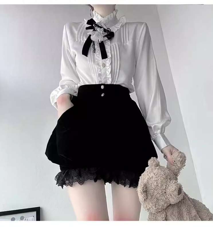 Ouji Lolita Prince Outfit Set Black Skirt Velvet Shorts Set (L M S XL) 39368:631966