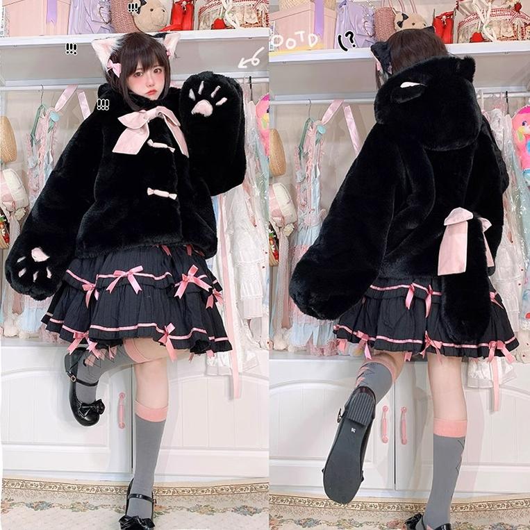 Jirai Kei White Black Plush Coat Lolita Kawaii Cat Fleece Coat 32404:385956