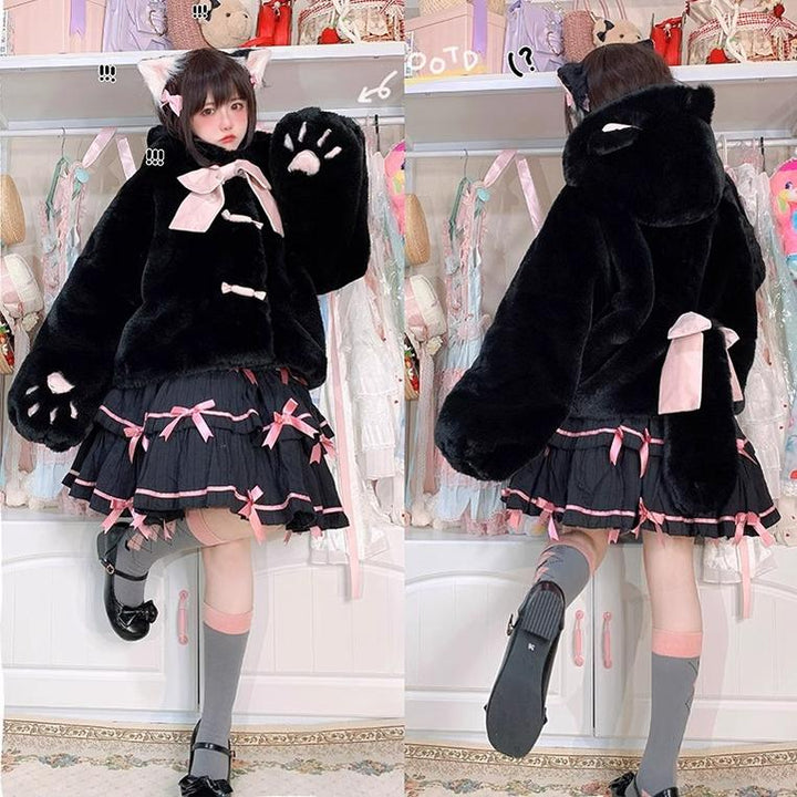 Sweet Lolita Coat Jirai Kei Winter Coat White Black Fleece Coat 32404:385956