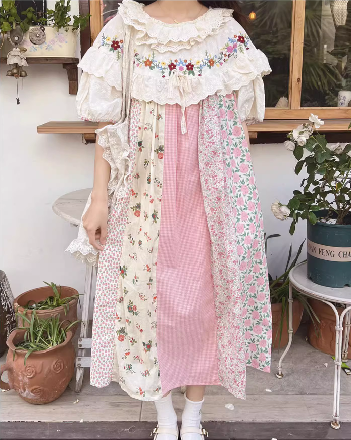 Mori Kei Cottagecore Dress Floral Dress Lantern Sleeves Dress 36216:524404