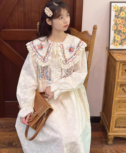 Cottagecore Dress Mori Kei Dress Embroidered Lace Dress 36214:524390