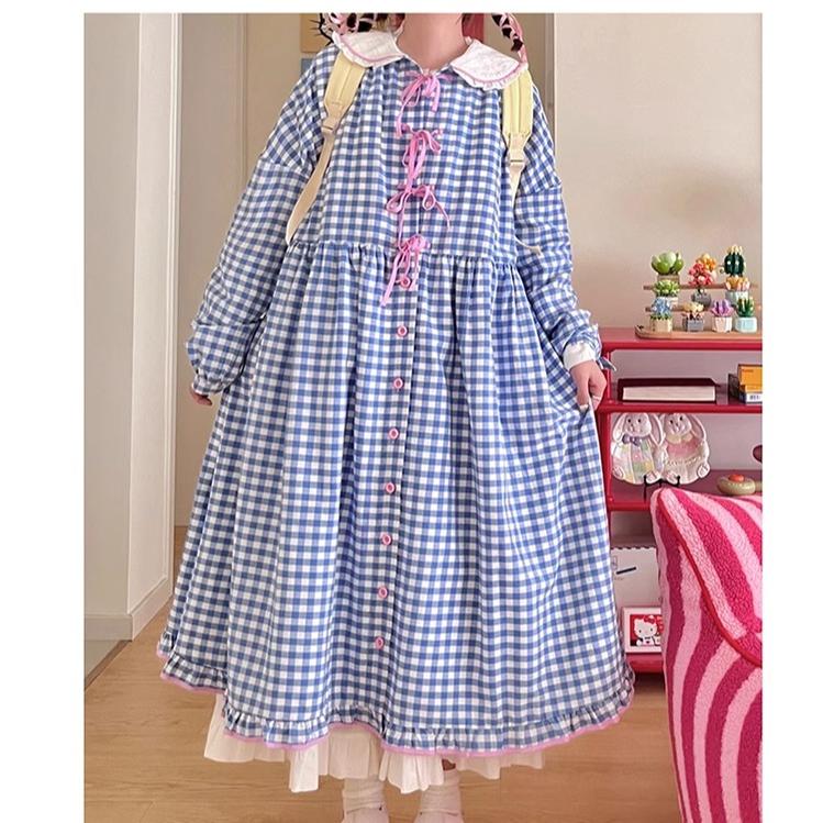 Oversized Mory Kei Dress Plaid Long Sleeve Dress Sweet Dress 36168:517366