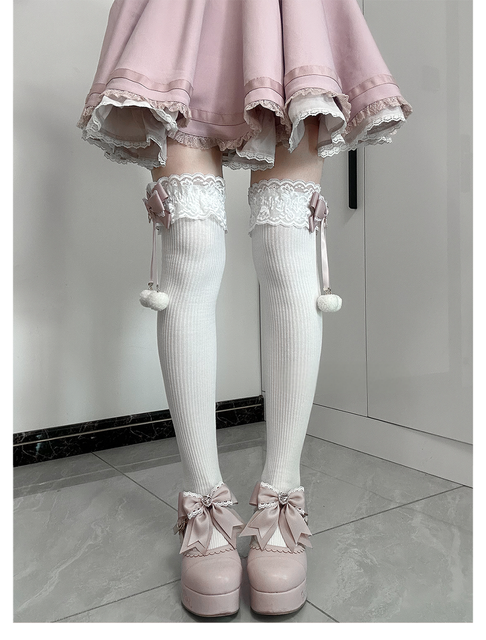 Jirai Kei Knee Socks Lace Bow Pom-Pom Mid-Calf Socks 40886:678944