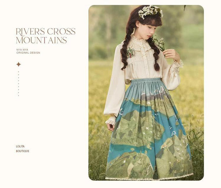 Lolita Dress Rivers Cross Mountains Print Lolita Dress Set 39412:627132