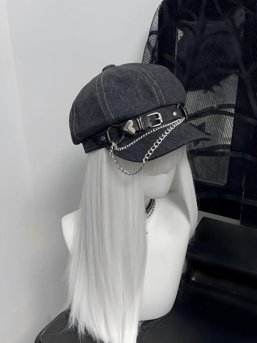 Jirai Kei Hat Denim Dark Grey Metal Chain Beret 39118:626424