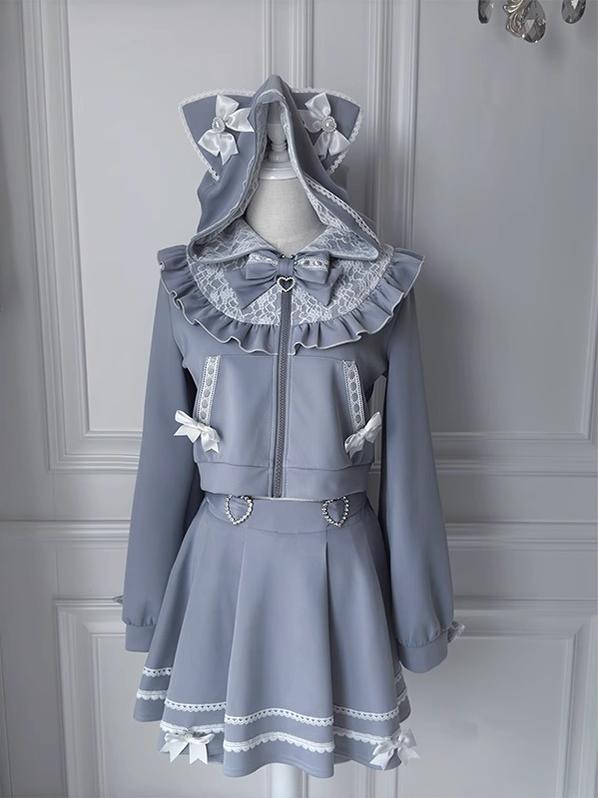 Cat Ear Jirai Kei Zip-Up Hoodie, Pleated Skirt (2XL L M S XL) 43809:786292