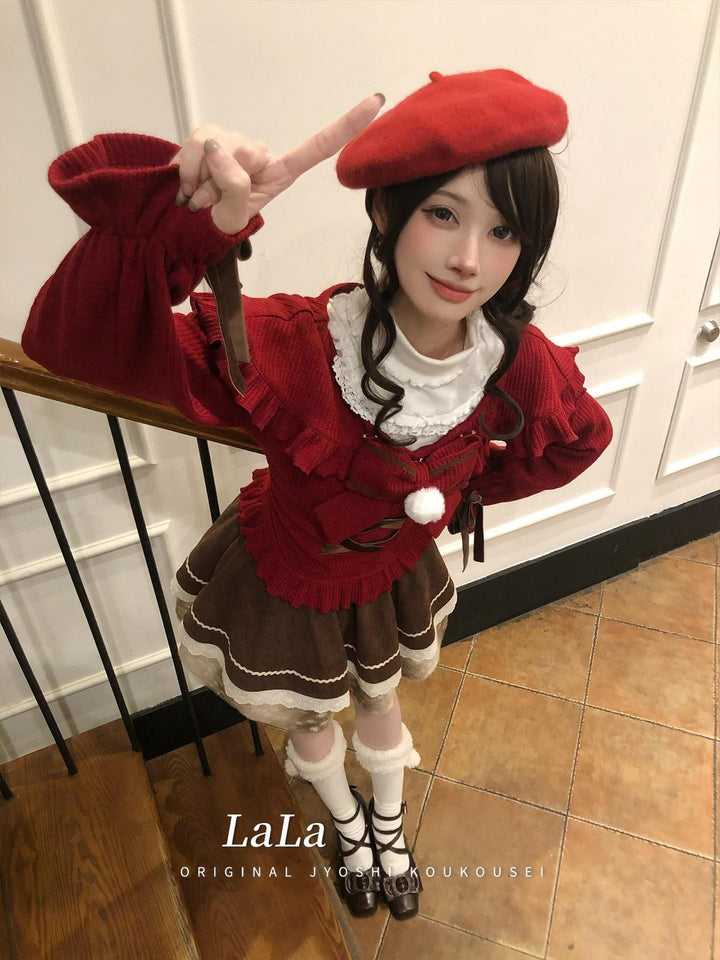 Christmas Red Off-Shoulder Sweater, Ruffled Skirt 44160:798314