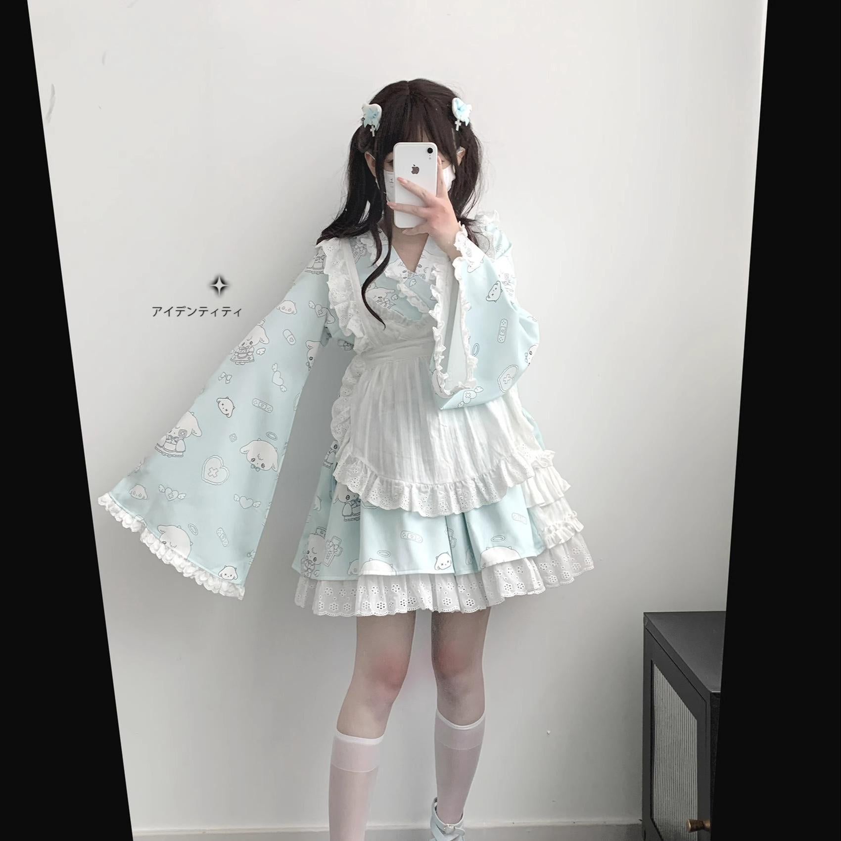 Tenshi Kaiwai Patchwork Skirt Kimono Top White Apron Three-Piece Set 36786:536832
