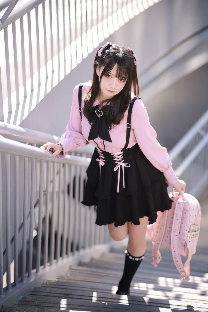 Jirai Kei Blouse Pink Blue Shirt Black Lace Up Skirt 21832:760690