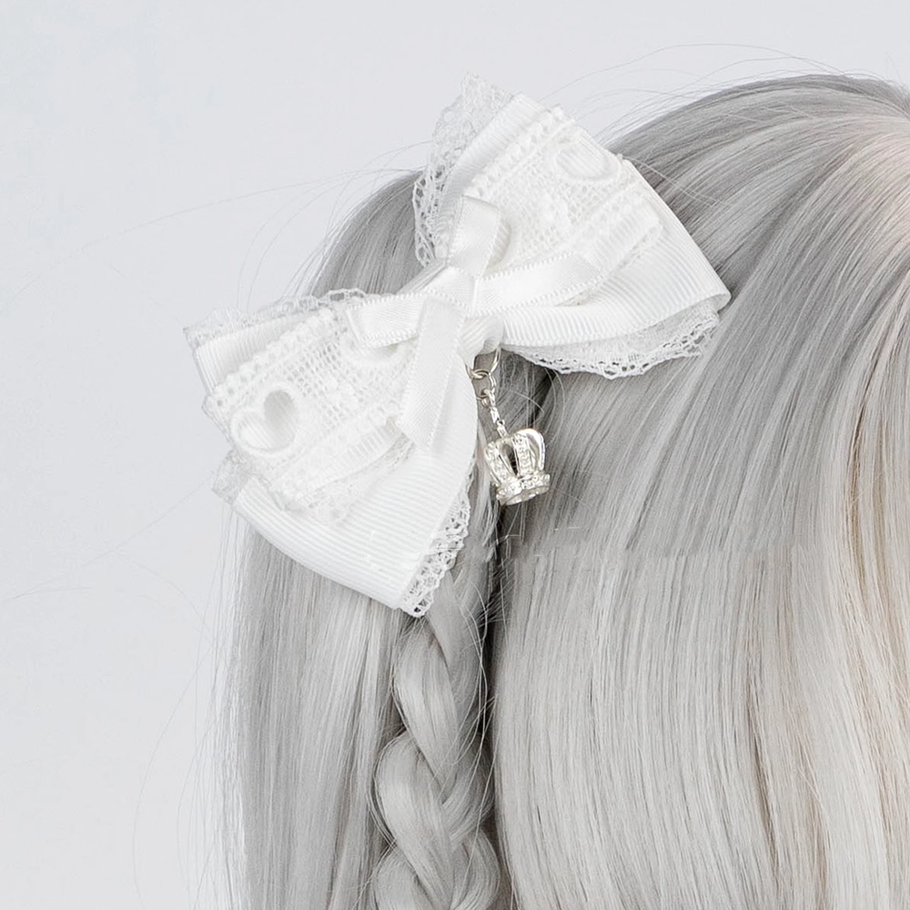 Jirai Kei Hair Clip Ryousangata Barrette Lolita Bow Headpiece (White) 41588:704174