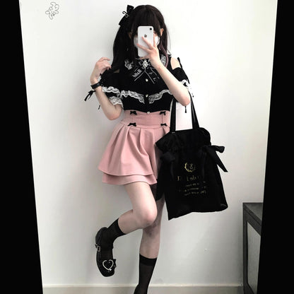 Jirai Kei Shirt Lace Open-shoulder Blouse Short Sleeve Top 36782:537524
