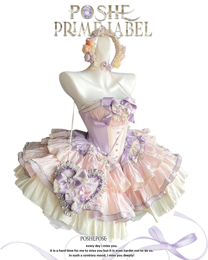 Lolita Dress Set Sweet Violet Pink Puffy Dress Corset Dress (L M S XS / Violet) 36388:554768 (L M S XS / Violet) 36388:554768