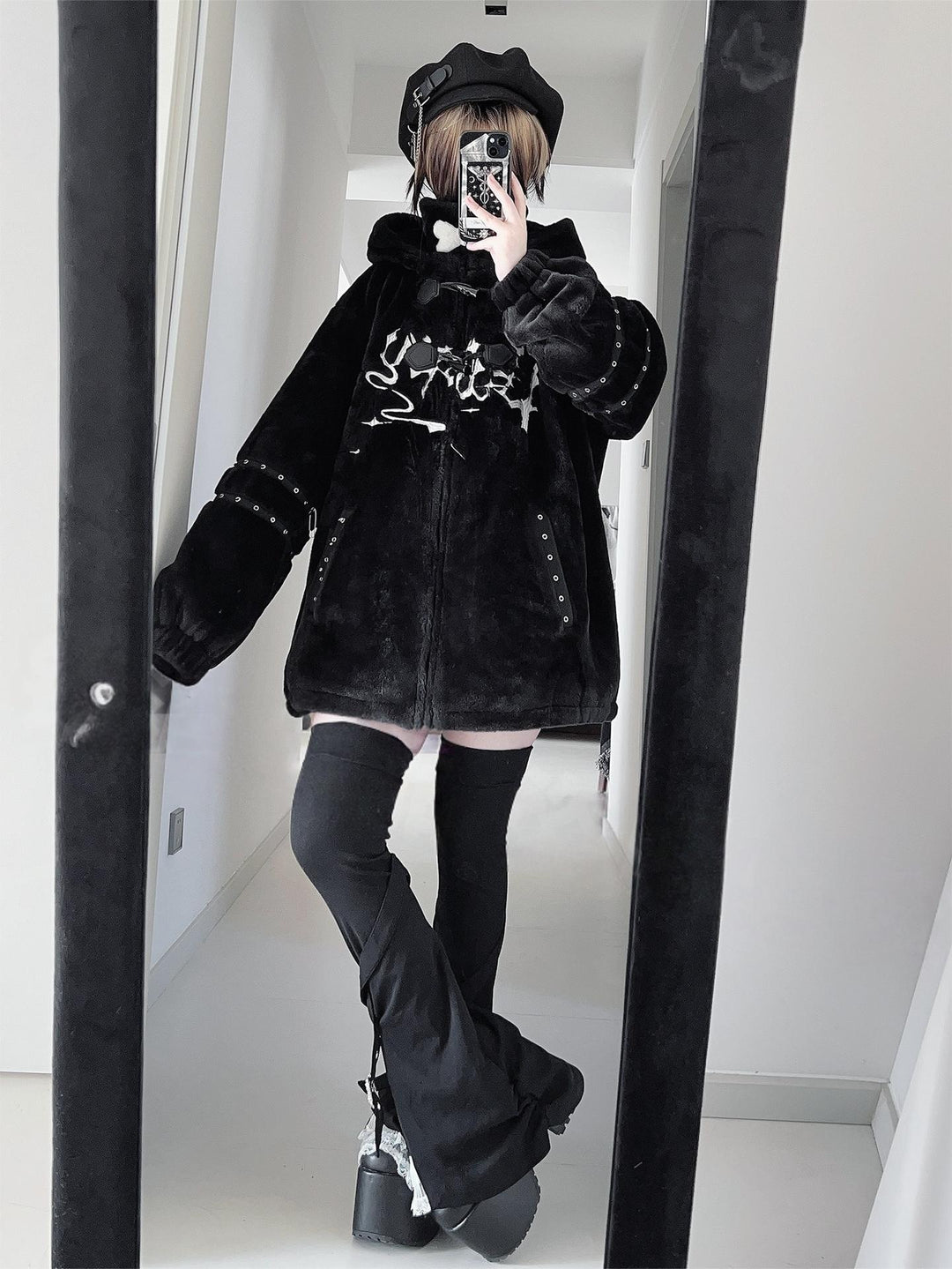 Y2K Black Hooded Coat, Puppy Ear Accents 44416:807601
