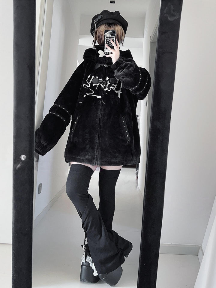 Y2K Black Hooded Coat, Puppy Ear Accents 44416:807601
