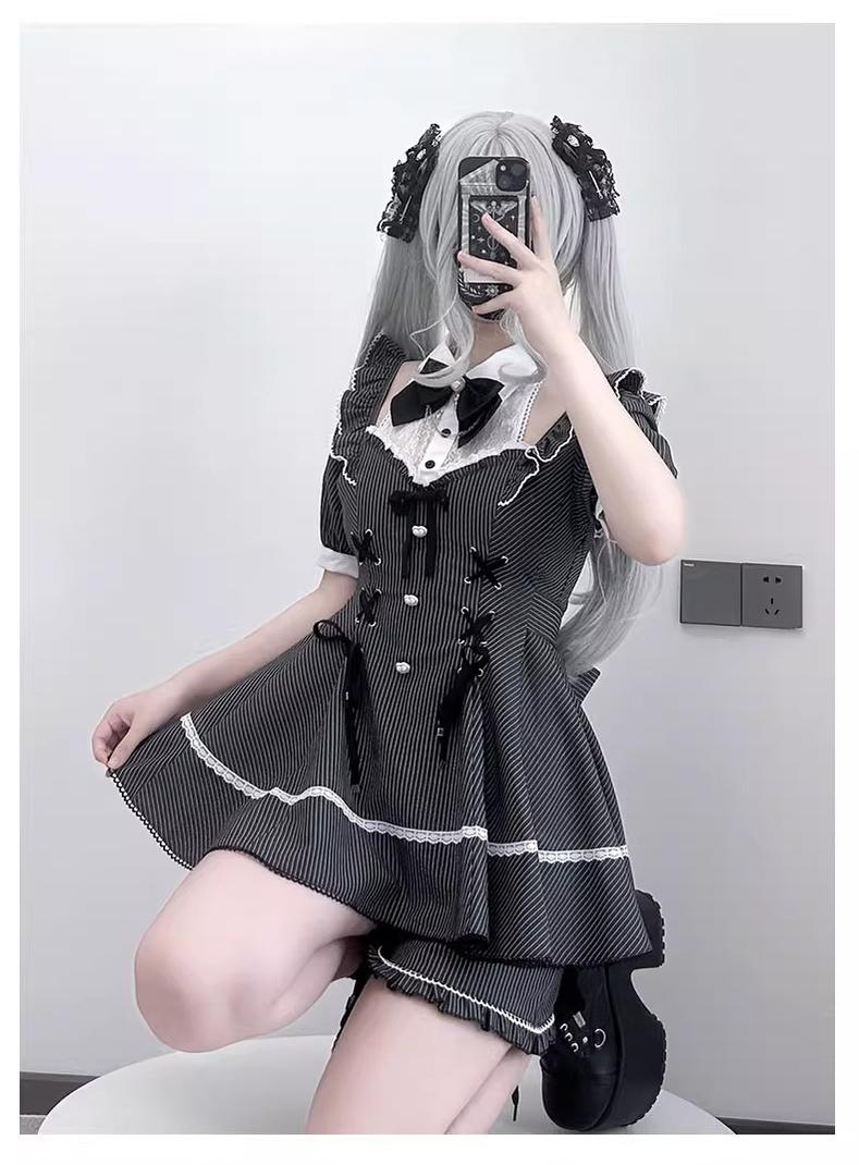 Jirai Kei Set Up, Striped Open-Shoulder Dress + Elastic Shorts 43545:779005