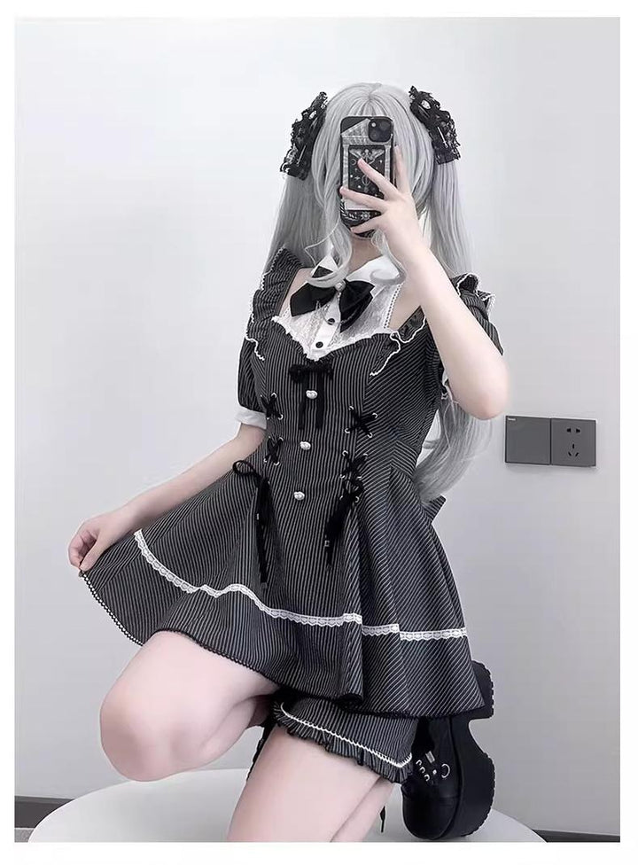 Jirai Kei Set Up, Striped Open-Shoulder Dress + Elastic Shorts 43545:779005