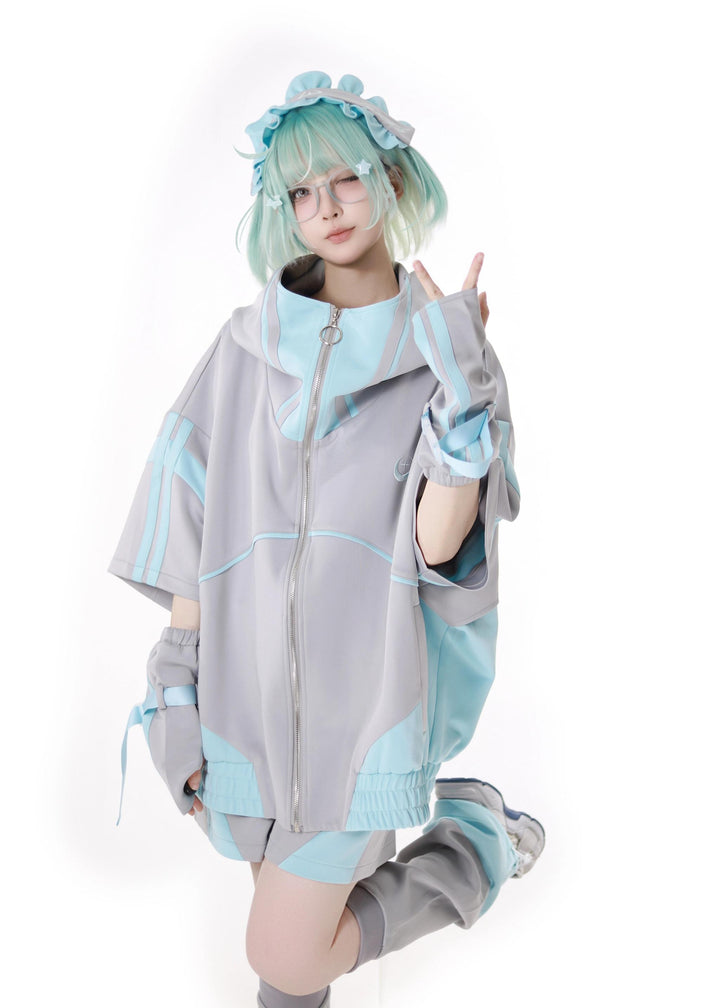 Oversized Short-Sleeved Jirai Kei Jacket Set with Shorts & Pants 42810:764226
