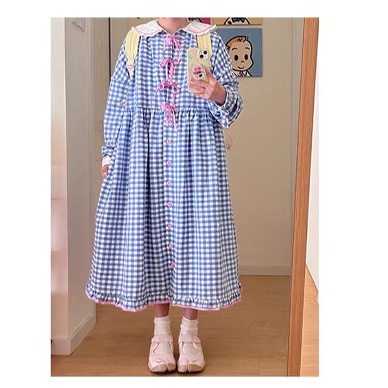 Oversized Mory Kei Dress Plaid Long Sleeve Dress Sweet Dress 36168:517368