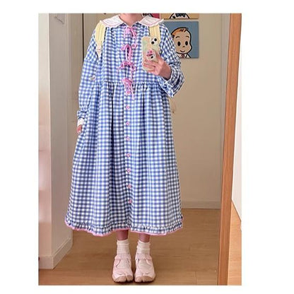 Oversized Mory Kei Dress Plaid Long Sleeve Dress Sweet Dress 36168:517368