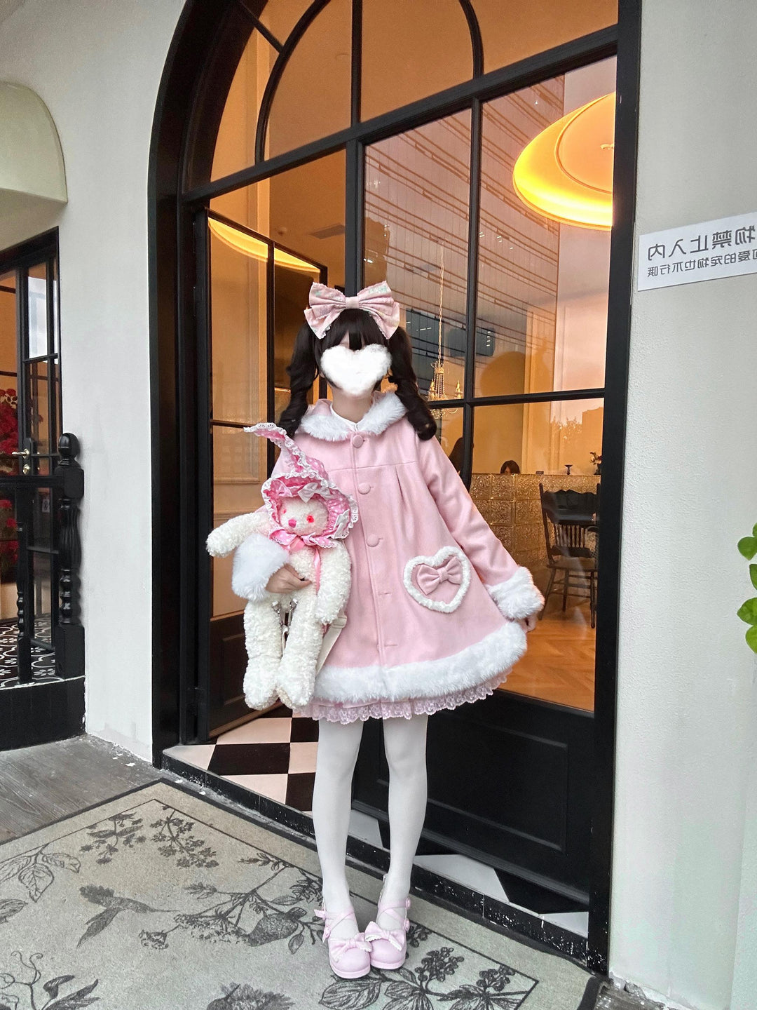 Sweet Lolita Coat Bunny Ear Hood Coat Pink Woolen Jacket 40932:680256