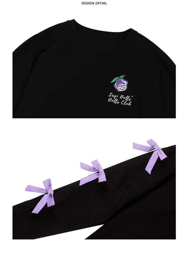 Jirai Kei Sweatshirt Purple Black Bow Rose Pullover Sweatshirt 32452:422576 32452:422576