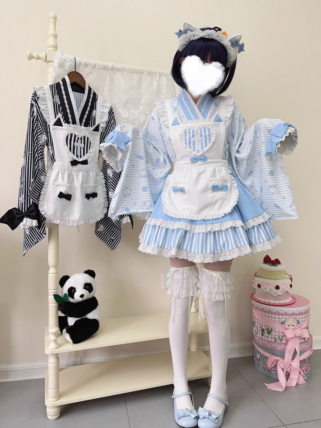 Kimono Lolita Blouse Striped Housemaid Skirt Set 37640:609498