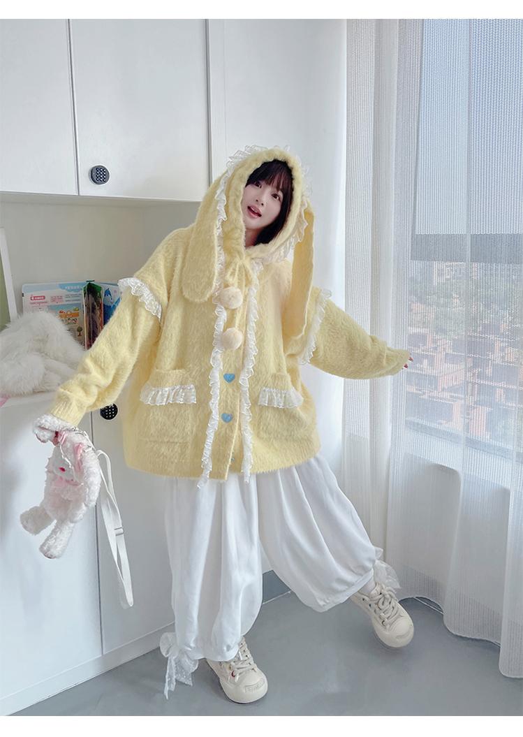 Kawaii Coat Sweater Bunny Ear Lace Knitted Hooded Cardigan 40338:665406