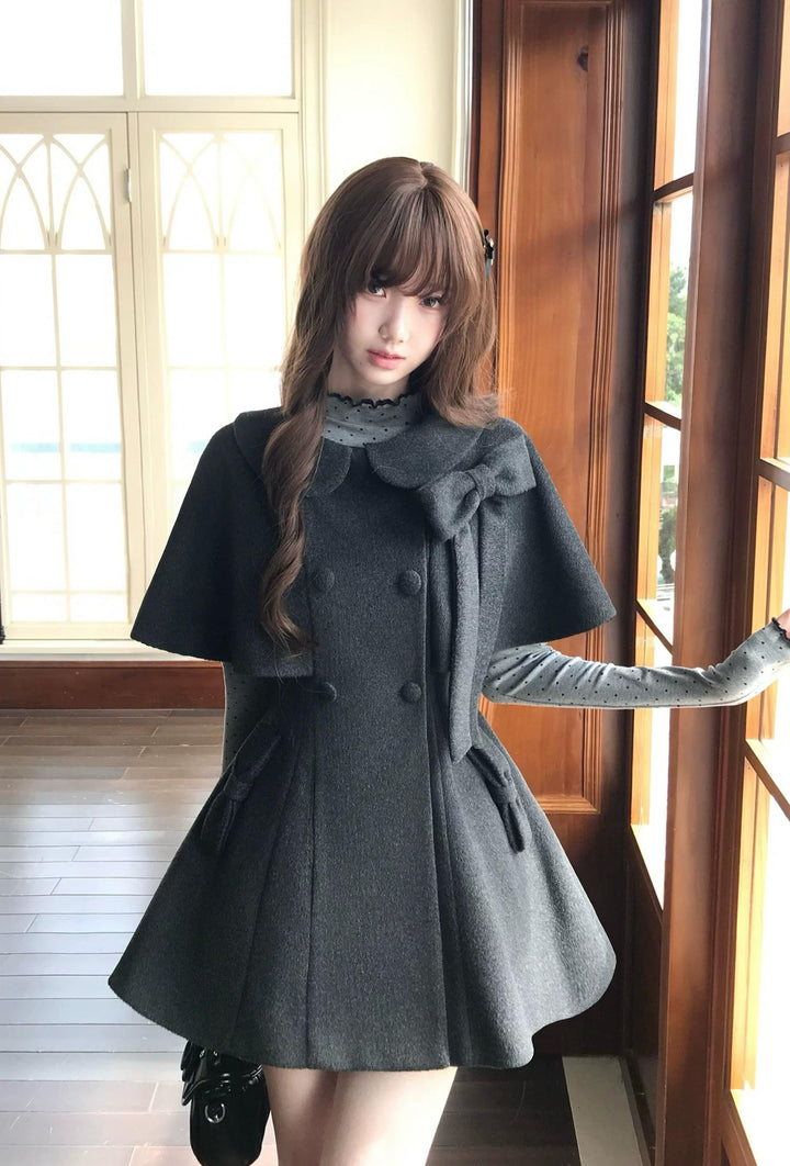Autumn Cape Style Waist-Cinched Coat, Polka Dot Blouse (L M S) 46011:872041