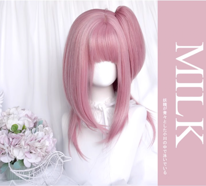 Lolita Wig Pink Mid-length Wig Girly Detachable Ponytail Wig 38890:605796