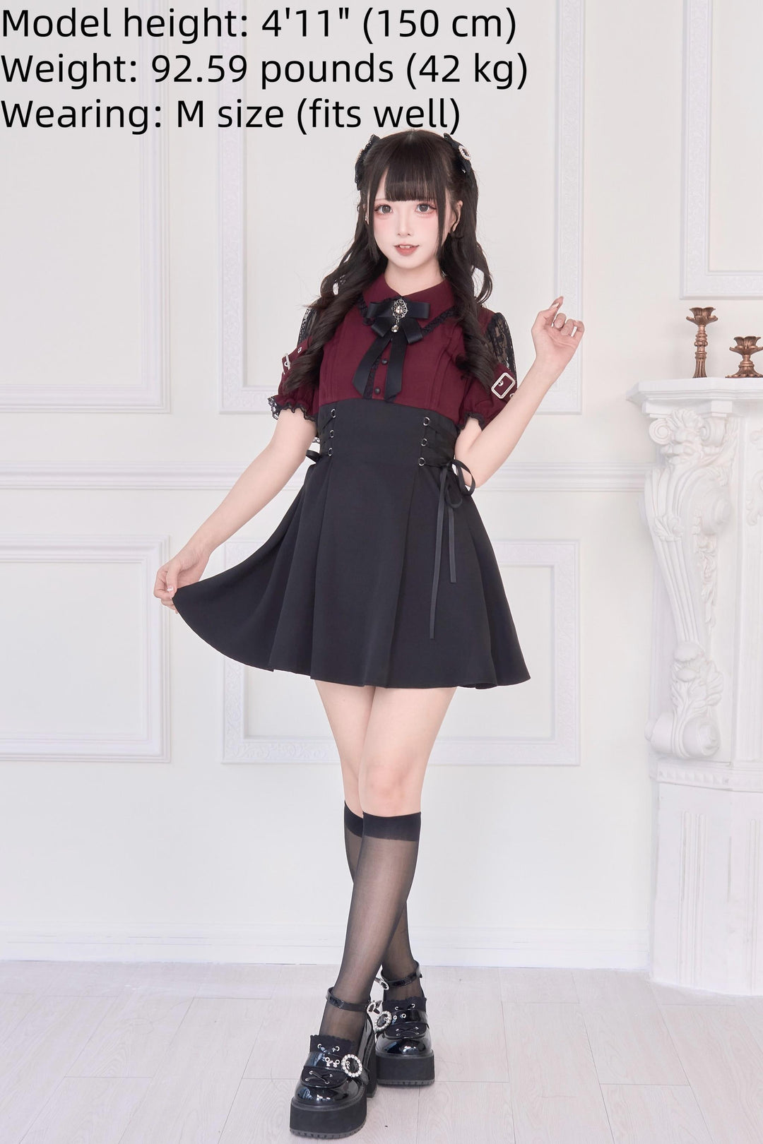 Lace Shoulder Jirai Kei Dress, Pleated Skirt 43534:779119
