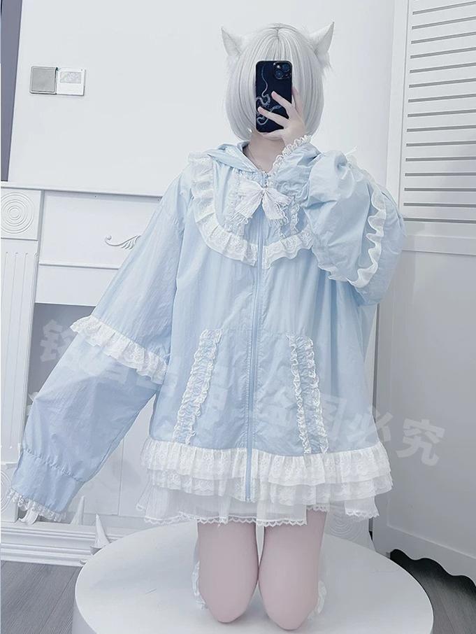 Jirai Kei Lace Trim Sun Protective Jacket, Cat-ear Hood 45652:857251
