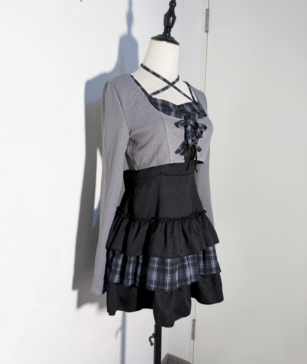 Jirai Kei Plaid Halter Neckline Dress, Solid Bolero 46017:872683