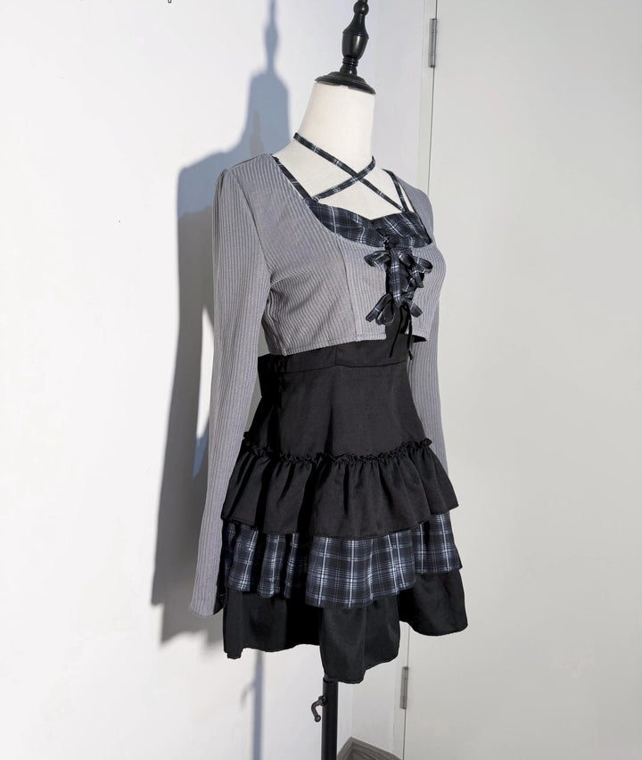 Jirai Kei Plaid Halter Neckline Dress, Solid Bolero 46017:872683