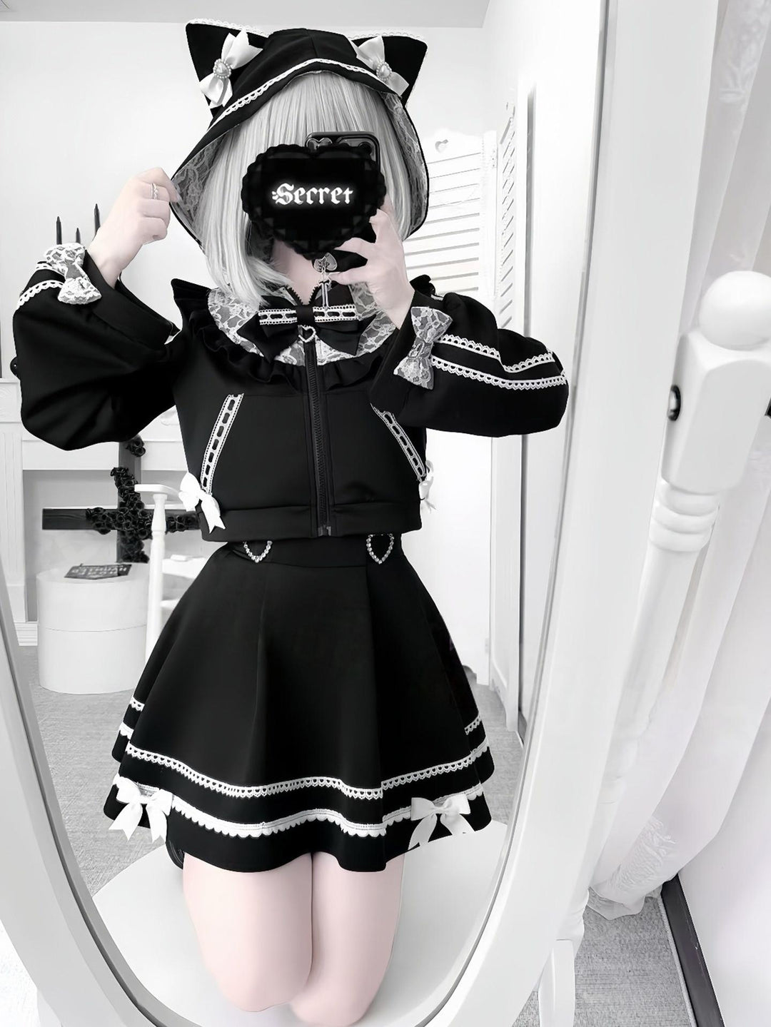 Cat Ear Jirai Kei Zip-Up Hoodie, Pleated Skirt 43809:786303