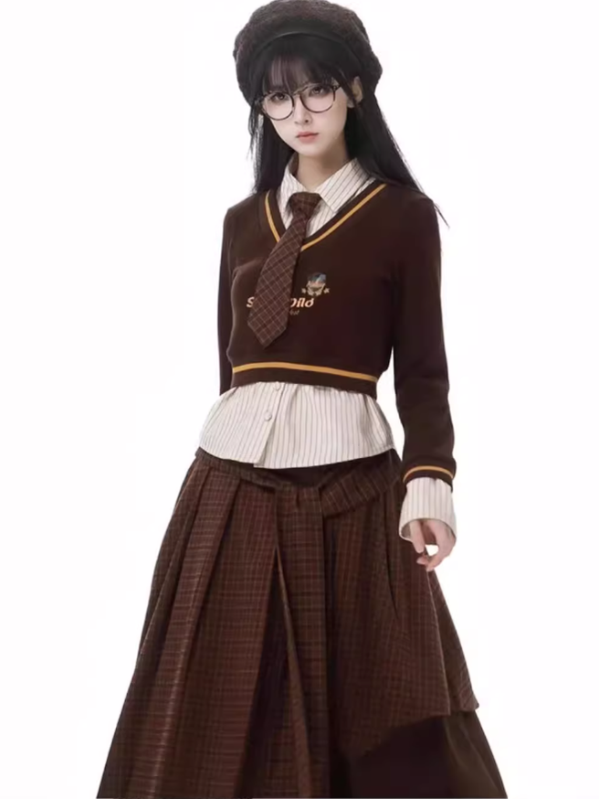 Preppy Outfit Set Fake Two-Piece Sweatshirt Pleated Skirt Set 41116:696550