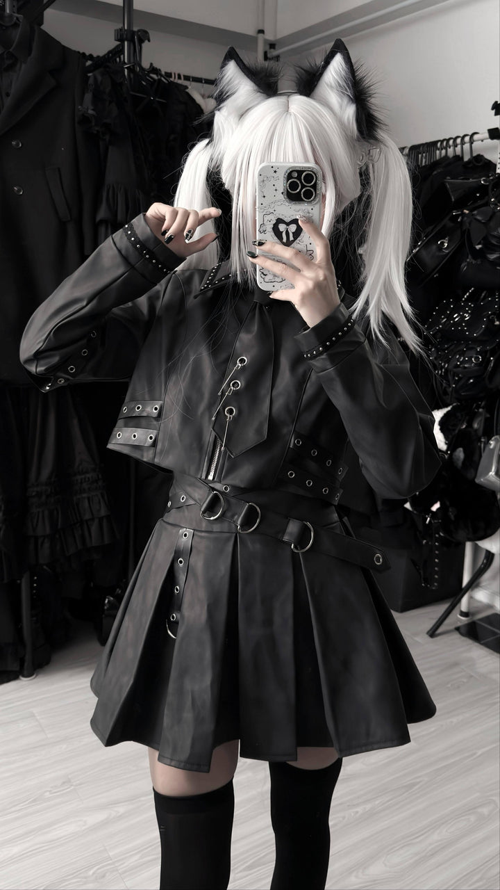 Punk Style PU Jacket, Pleated Skirt 44568:817833