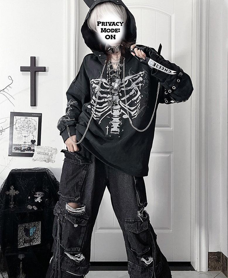 Ribcage Printed Subculture Hoodie, Ear-Accent Hood 44564:815253