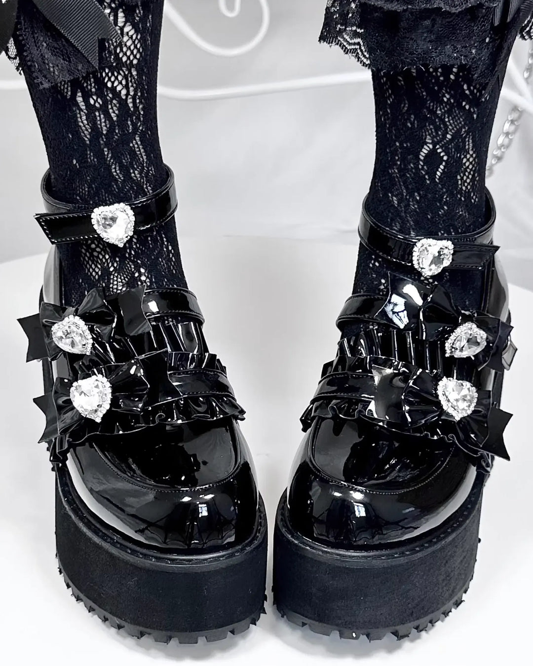 Jirai Kei Platform Shoes with Heart Rhinestone and Ruffle Trim Bow 41582:704408