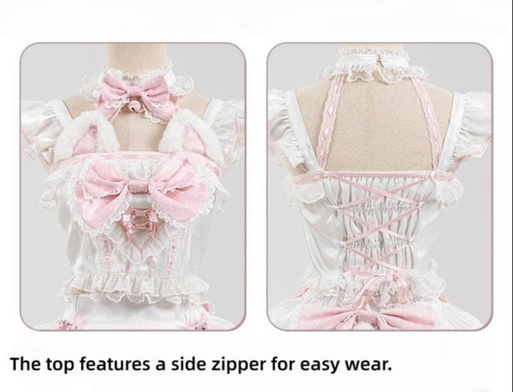 Kawaii Lolita Tiered Skirt Set, Cat Ears & Polka Dot Bow 44958:837566