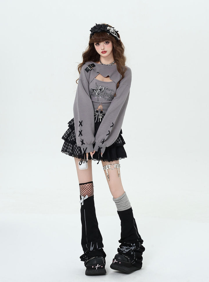 Gyaru Fashion Sweater Sexy Long-Sleeve Knitted Two-Piece Set 41788:719356