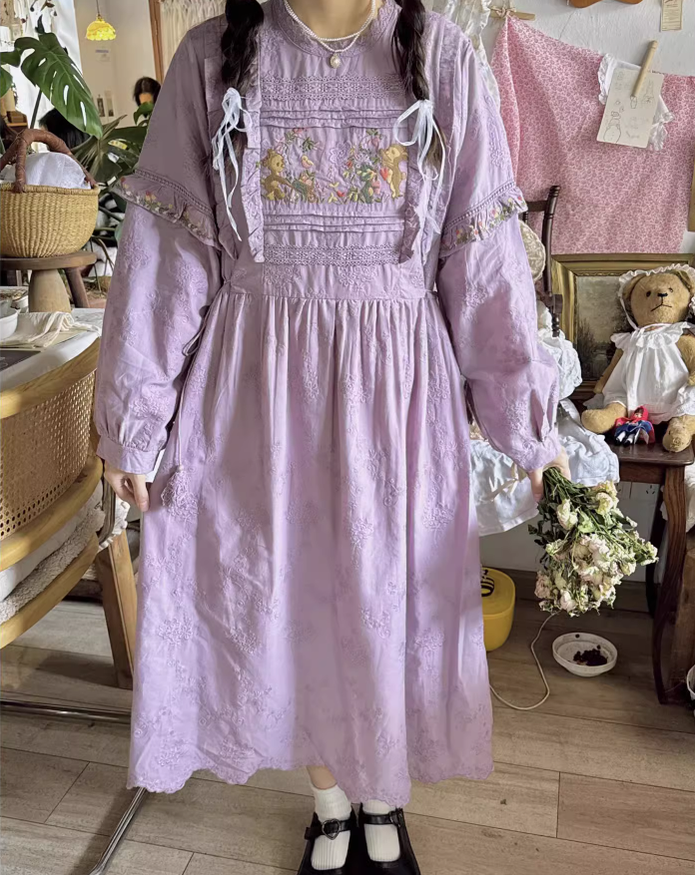 Mori Kei Dress Cottagecore Dress Purple Embroidered Dress 36248:534790