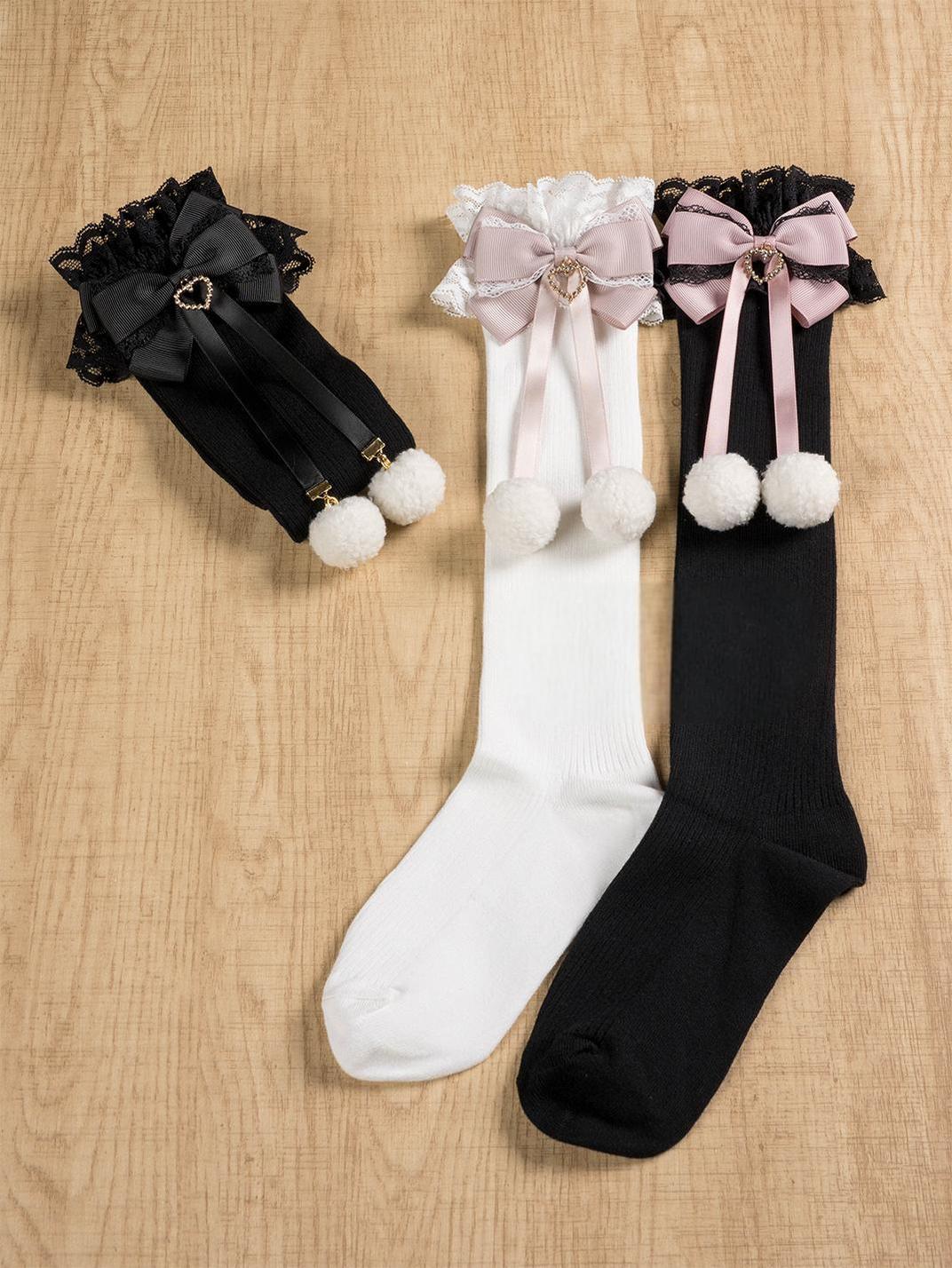 Jirai Kei Knee Socks Lace Bow Pom-Pom Mid-Calf Socks 40886:678922