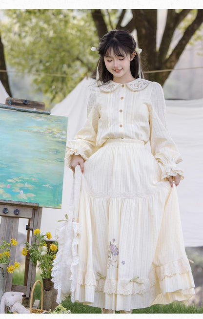 Cottagecore Dress Mori Kei Dress Set Embroidered Cotton Set 36238:527652