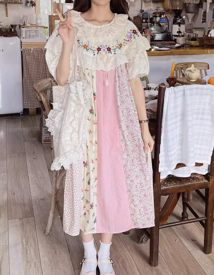 Mori Kei Cottagecore Dress Floral Dress Lantern Sleeves Dress 36216:524414