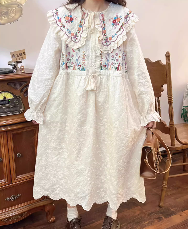 Cottagecore Dress Mori Kei Dress Embroidered Lace Dress 36214:524392