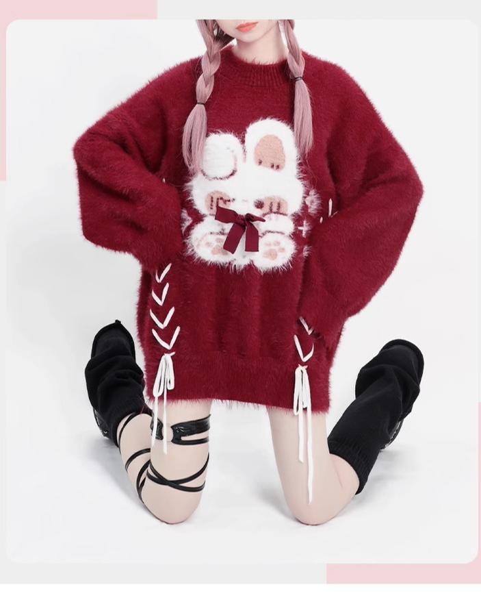 Kawaii Red Pagoda Sleeve Fluffy Strap Sweater 22756:326822 22756:326822