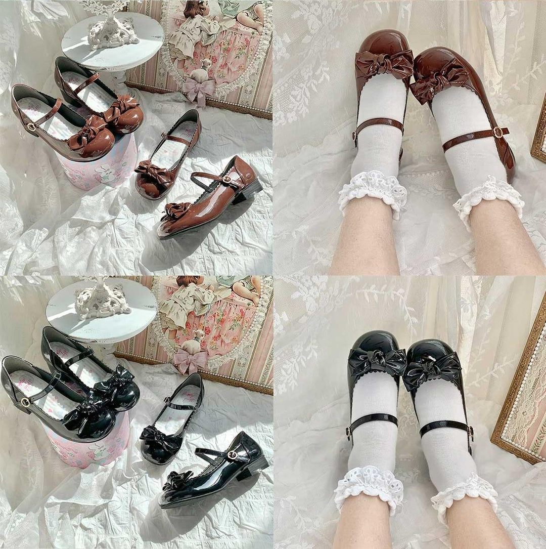 Kawaii Lolita Round-toe Bow Flat Shoes Low-heeled Shoes 15Colors 22818:330346 22818:330346