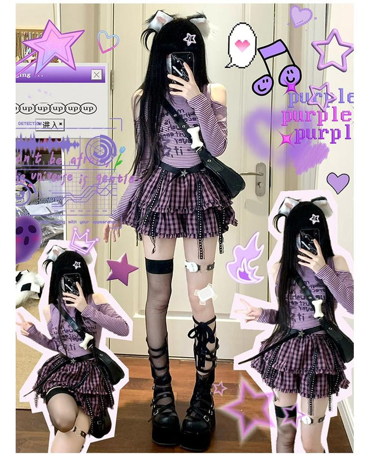 Jirai Kei Outfit Set Purple Bunny Ears Top Plaid Skirt 35824:506606 35824:506606