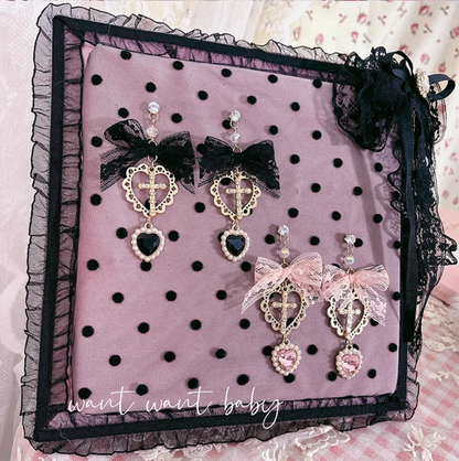 Jirai Kei Earrings Pink Black Lace Heart Cross Studs 35632:543672