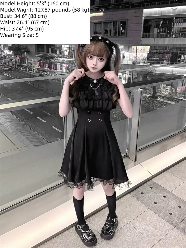 Jirai Kei Open Shoulder Dress, Layered Chest Ruffles 45366:847754